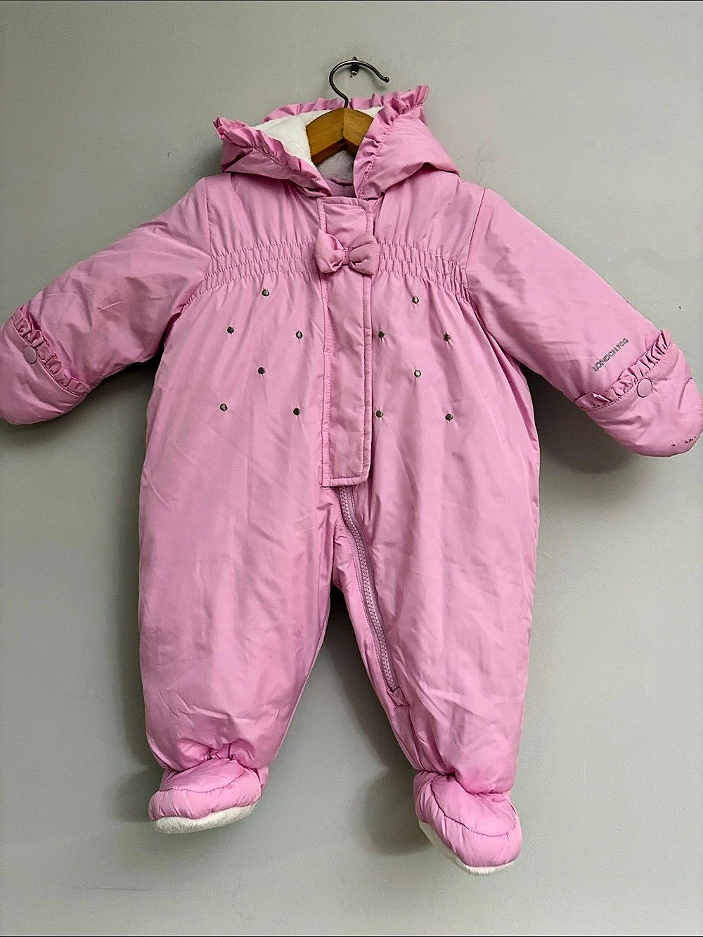 London Fog Infant Girls Pink Puffer Snowsuit with Bow and Rhinestone Accents siz